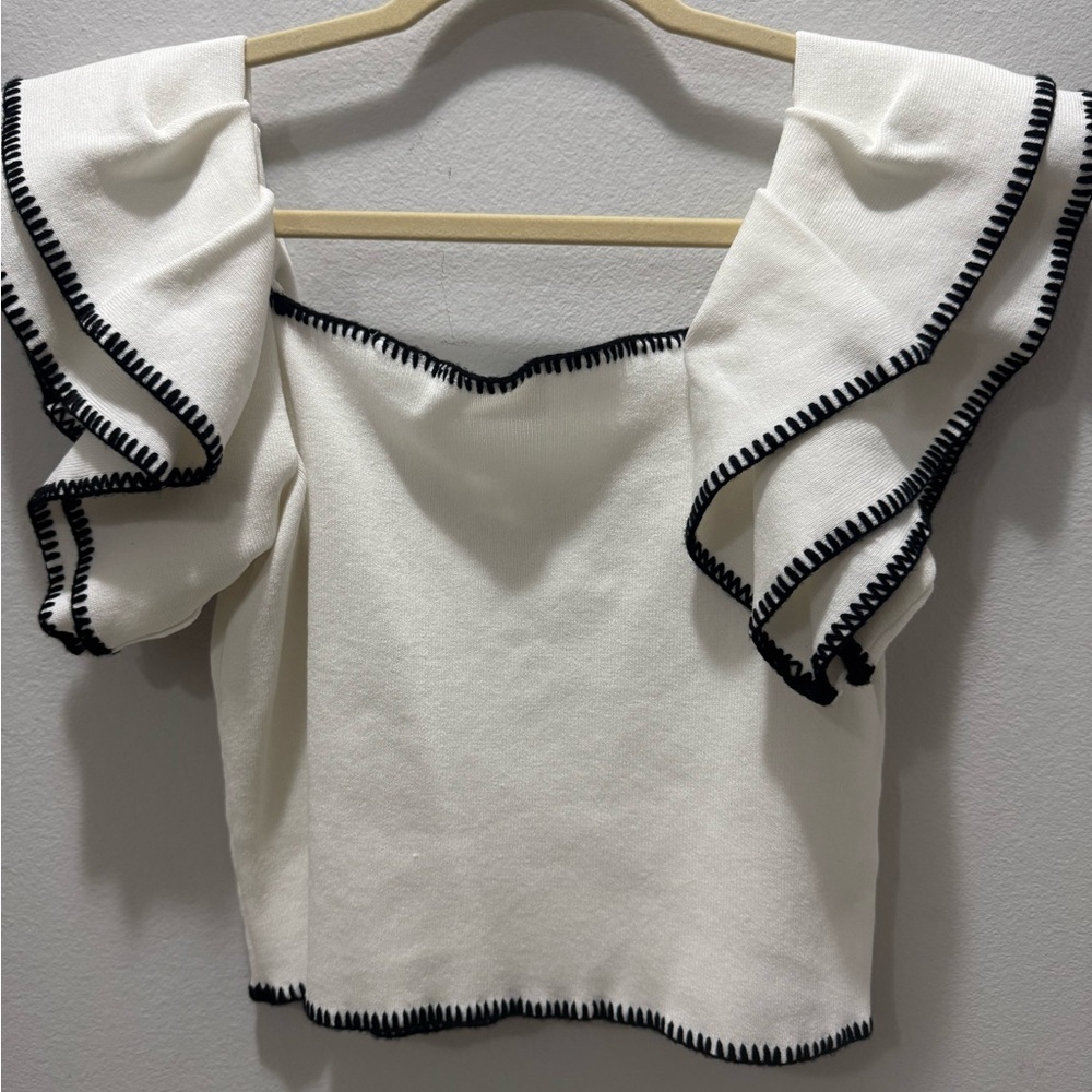 White Ruffled Crop Blouse with Black Trim